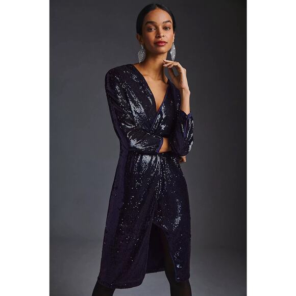 Anthropologie Women's Navy Blue Twist-Front Sequin Wrap Sheath Dress Size 10P - Picture 4 of 12